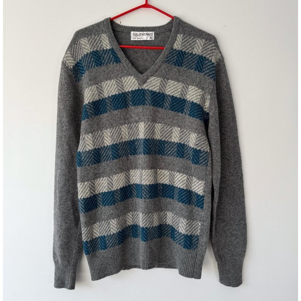 90s vintage grey blue geometric check preppy classic long sleeved knit sweater